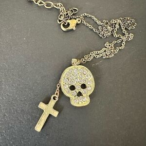 Forever 21 Rhinestone Embellished Skull Drop Cross Pendant Necklace Goldtone 16"